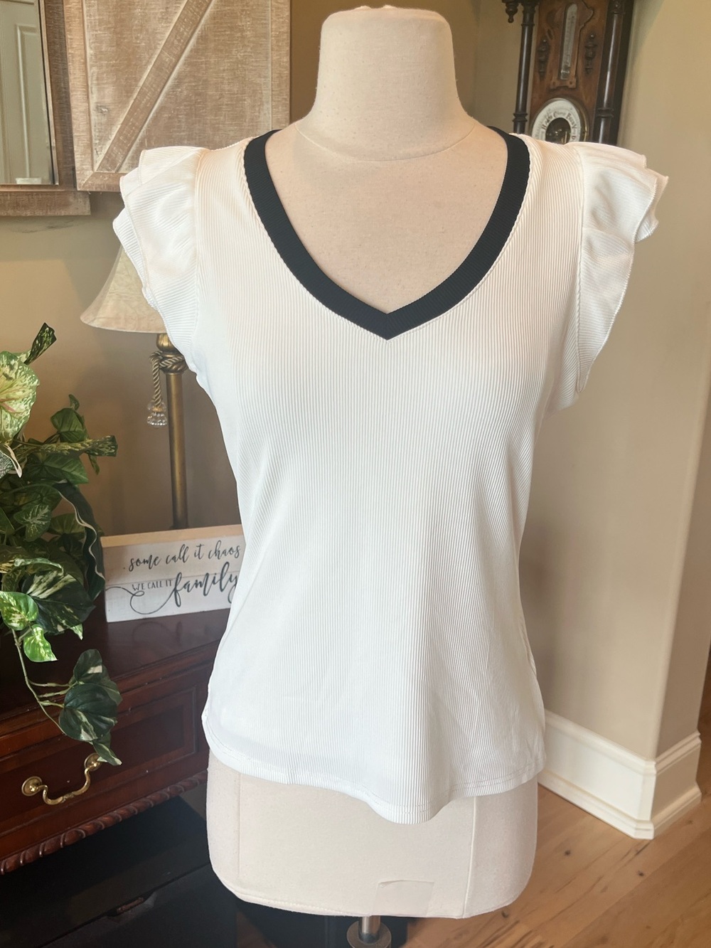 Women's off White V-Neck Ruffle Sleeve Top with Black Trim